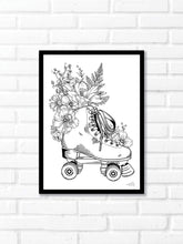 Black and white illustration of roller skates surrounded with botanicals. Pair your prints with other illustrations to create a whimsical story of your own.