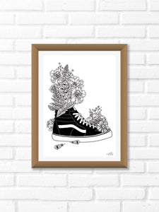 Black and white illustration of a pair of Vans surrounded with botanicals. Simply download, print, frame and enjoy!