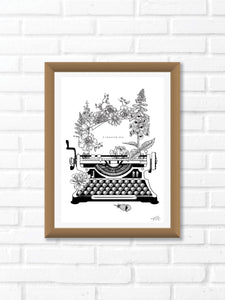 Black and white illustration of a typewriter surrounded with botanicals. The message reads "The message reads "I cherish you." Pair your prints with other illustrations to create a whimsical story of your own.