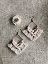 Hand-dyed soft blush pink macrame earrings with bronze square charm and gold-plated earring hooks.
