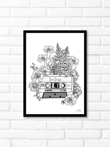 Black and white illustration of a cassette tape surrounded with botanicals. Simply download, print, frame and enjoy!