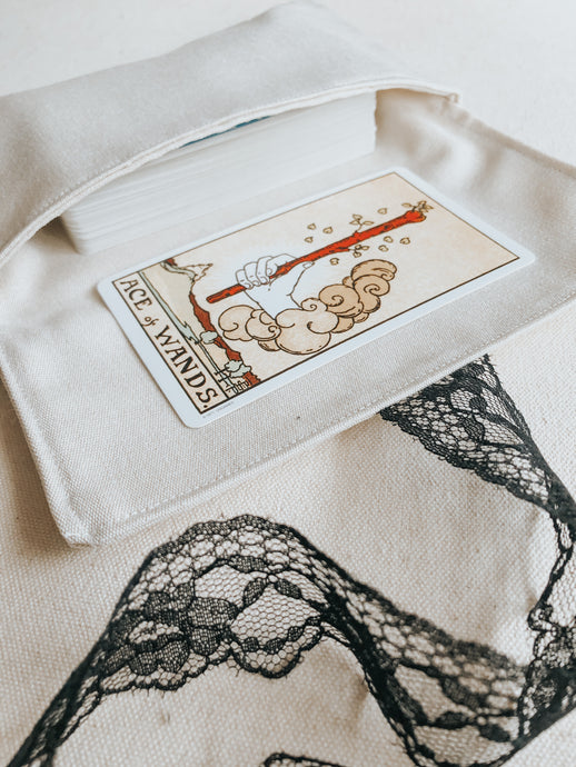 These pouches were made with the intention of storing tarot cards/oracle cards/affirmation cards but they work well for storing stationary or even feminine products too. The natural canvas material paired with black lace ribbon emanates humble luxury and femininity.