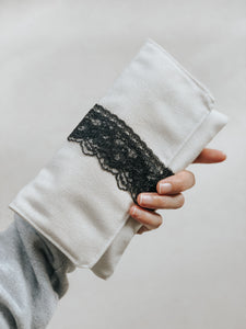 These pouches were made with the intention of storing tarot cards/oracle cards/affirmation cards but they work well for storing stationary or even feminine products too. The natural canvas material paired with black lace ribbon emanates humble luxury and femininity.