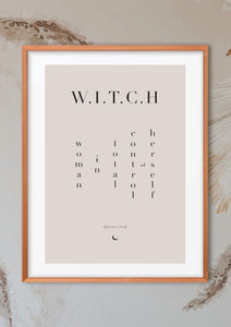 "Woman in total control of herself" quote art print.  This 'witchy' art print could fit beautifully into any room in your home. Simply download, print, frame and enjoy! White, Brown and black backgrounds included.