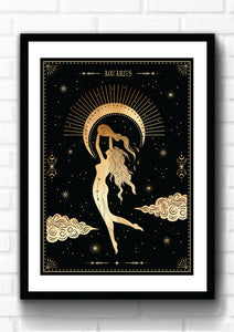 Aquarius Zodiac Art Print. This print could fit beautifully into any room in your home. Mystical, celestial and whimsical wall art. Simply download, print and enjoy! 
