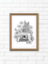 Black and white illustration of a cassette tape surrounded with botanicals. This tape is labelled "Dirty Old Beats". Pair your prints with other illustrations to create a whimsical story of your own.
