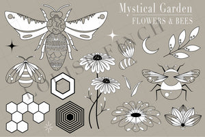 This magical hand drawn bundle of bees and flowers offers 32 charming individual graphic elements for use in logos, t-shirt designs, posters, cards, graphic design, business cards etc