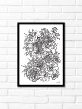 Black and white line work of a human skull surrounded by botanicals. Simply download, print, frame and enjoy!