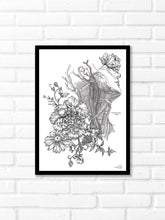 Black and white illustration of botanicals and human anatomy. Pair your prints with other illustrations to create a whimsical story of your own.