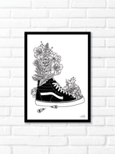 Black and white illustration of Vans surrounded with botanicals. Pair your prints with other illustrations to create a whimsical story of your own.