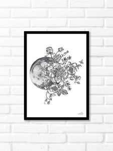 Black and white line work of the Moon and botanicals. Simply download, print, frame and enjoy!