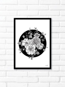 Black and white illustration of botanicals within a black void background. Pair your prints with other illustrations to create a whimsical story of your own.