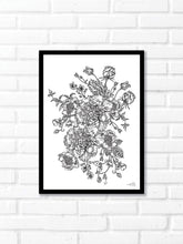 Black and white line work of a botanical bouquet. Simply download, print, frame and enjoy!