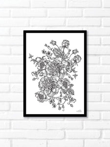 Black and white line work of a botanical bouquet. Simply download, print, frame and enjoy!