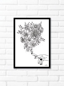 Black and white illustration of a hand holding a lit joint with botanicals as the smoke. Pair your prints with other illustrations to create a whimsical story of your own.