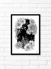 Black and white illustration of botanicals within a black starry night background. Pair your prints with other illustrations to create a whimsical story of your own.