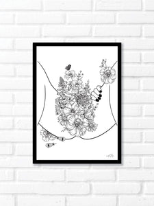 Black and white line work of botanicals in between open legs. Simply download, print, frame and enjoy!