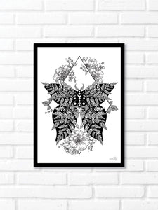 Black and white line work of a moth surrounded by botanicals. Simply download, print, frame and enjoy!