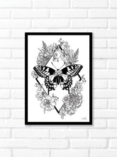 Black and white illustration of moth surrounded by botanicals. Pair your prints with other illustrations to create a whimsical story of your own.