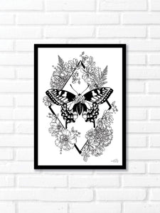 Black and white line work of a moth surrounded by botanicals. Simply download, print, frame and enjoy!