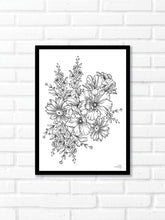 Black and white illustration of a flower bouquet. Pair your prints with other illustrations to create a whimsical story of your own.