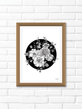 Illustration of botanicals within a solid black background. Simply download, print, frame and enjoy!