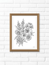 Black and white line work of botanical bouquet. Simply download, print, frame and enjoy!