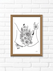 Black and white illustration of botanicals flowering out from the sensual yoni. Pair your prints with other illustrations to create a whimsical story of your own.