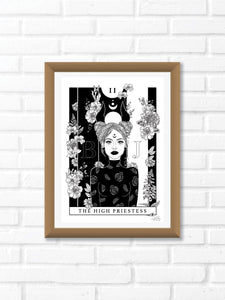 Black and white illustration of The High Priestess Tarot Card surrounded with botanicals. Simply download, print, frame and enjoy!