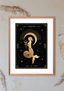 Capricorn Zodiac Art Print. This print could fit beautifully into any room in your home. Mystical, celestial and whimsical wall art. Simply download, print and enjoy! 