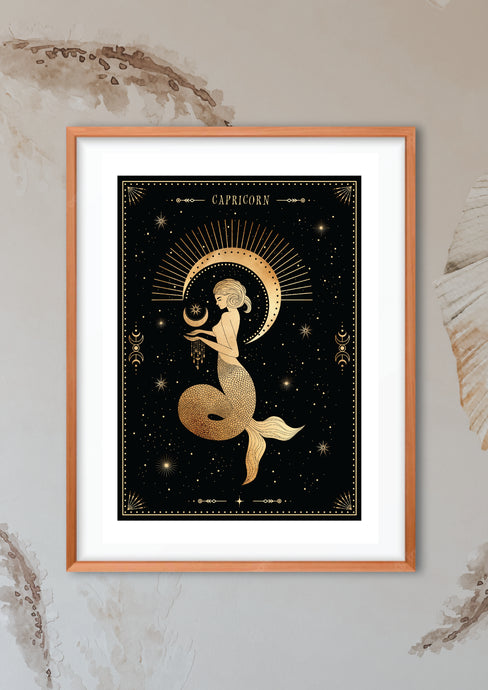 Capricorn Zodiac Art Print. This print could fit beautifully into any room in your home. Mystical, celestial and whimsical wall art. Simply download, print and enjoy! 