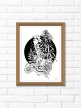 Black and white illustration of a bong surrounded by a cannabis plant and botanicals with black background. Pair your prints with other illustrations to create a whimsical story of your own.