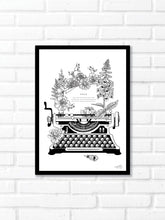 Black and white illustration of a typewriter surrounded with botanicals. The message reads "FUCK - the only fucking word that can be put everyfuckingwhere and still make fucking sense." Pair your prints with other illustrations to create a whimsical story of your own.
