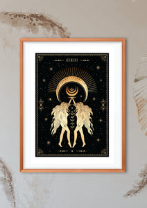 Gemini Zodiac Art Print. This print could fit beautifully into any room in your home. Mystical, celestial and whimsical wall art. Simply download, print and enjoy! 