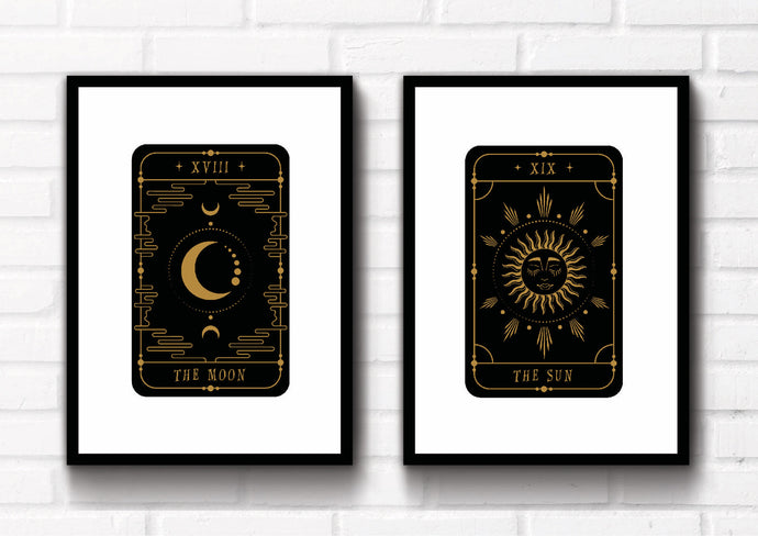 The Sun and The Moon. Set of 2 tarot card art prints that could fit beautifully into any room in your home. Eccentric and witchy wall art. Simply download, print and enjoy!