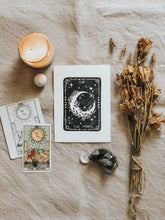 Tarot cards offer incredible messages and help us gain insight. The Moon forms part of the Major Arcana and is associated with intuition, illusion, fear, the subconscious, imagination and instinctual forces. This print is elegant with fine detailed carving. It can be framed, pegged to a line/meshboard, used in journaling or sent as a gift to a friend. 