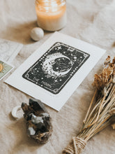 Tarot cards offer incredible messages and help us gain insight. The Moon forms part of the Major Arcana and is associated with intuition, illusion, fear, the subconscious, imagination and instinctual forces. This print is elegant with fine detailed carving. It can be framed, pegged to a line/meshboard, used in journaling or sent as a gift to a friend. 