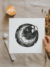 The Lunar Cycle is beautiful and extraordinary! The process starts with a paper drawing that is then transferred to a Lino sheet and carefully hand carved by me, using special tools. Once the carving work is done, a water-based ink is rolled onto the print and then printed onto a sheet of paper. The outcome is rather charming! This print is quirky and fun and can be framed, pegged to a line/meshboard, or sent as a gift to a friend.
