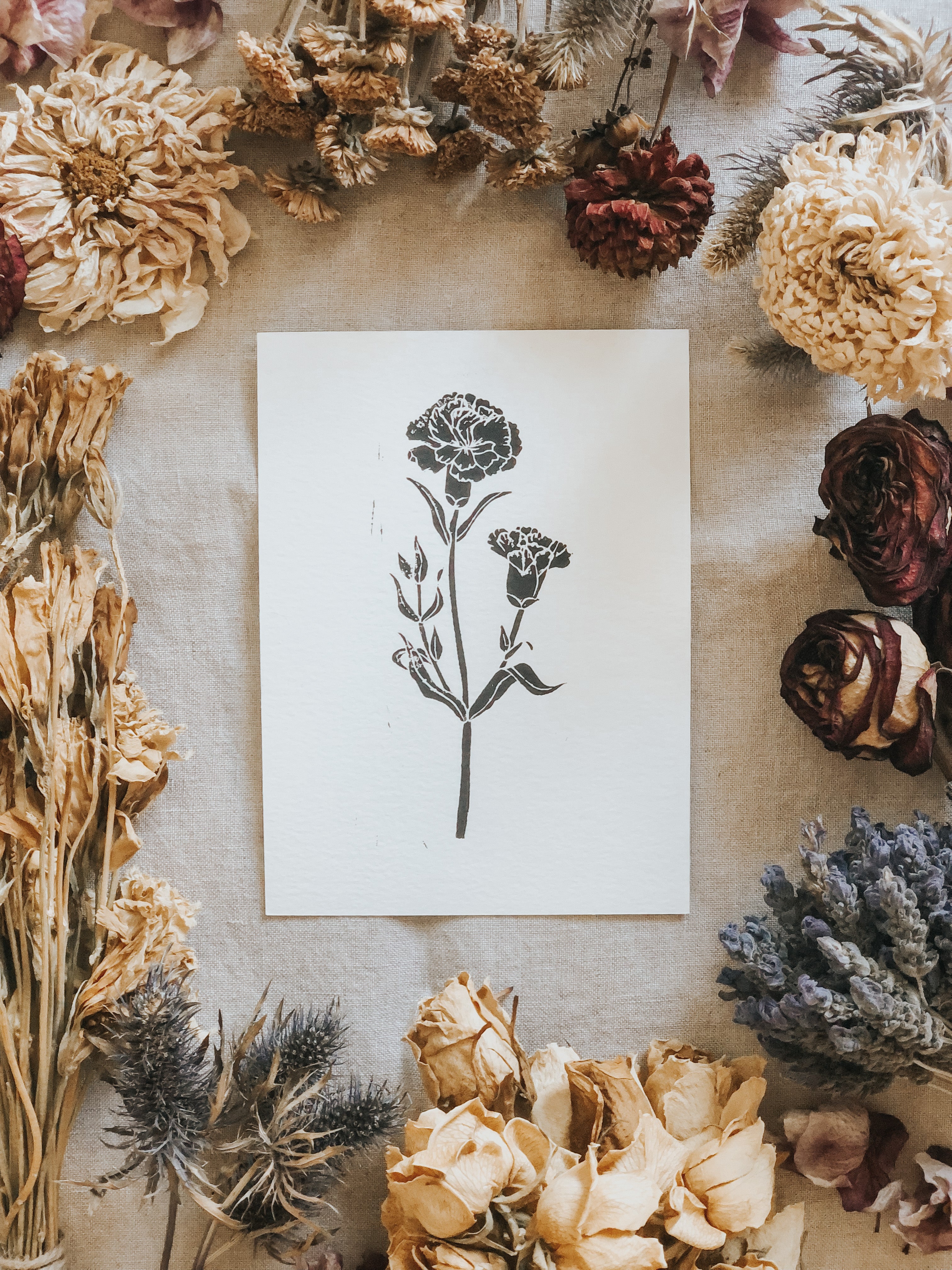 Carnation - Sagittarius Birth Flower Linocut Print