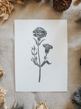 The process starts with a paper drawing that is then transferred to a Lino sheet and carefully hand carved by me, using special tools. Once the carving work is done, a water-based ink is rolled onto the print and then printed onto a sheet of paper. The outcome is rather charming! This elegant Carnation flower print can be framed, pegged to a line/meshboard, used in journaling or sent as a gift to a friend.