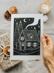 If you're like me and you swoon over snowy landscapes and warm cozy cottages then this print is perfect for you. This print can be framed, pegged to a line/mesh board, used in journaling or sent as a gift to a friend. Available on white or brown paper.