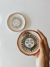 Round Boho Sun Trinket Dish made with air dry clay, hand painted and sealed with a triple thick, high gloss coating to make it water resistant. Perfect to store and display jewellery, crystals or keys.