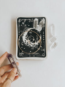 The Moon Tarot Trinket Dish made with air dry clay, hand printed and sealed with a triple thick, high gloss coating to make it water resistant. Gold rim. Perfect to store and display jewellery, crystals or keys.