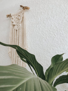 The perfect bohemian addition to an entrance hallway, a bedroom or office. Made using single twist cotton rope on a beautiful and interesting treated piece of driftwood foraged in Cape Town. Eye catching and elegant!