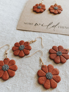 Handmade polymer clay daisy dangle earrings with gold nickel free jewellery components.