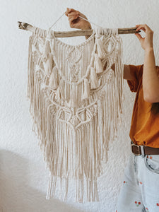Tiva meaning "Dance" in Native American. A playful hanging with the tassels drawing the eye into the centre of this layered design. Made with single twist cotton rope on a beautiful piece of driftwood foraged in Cape Town. Perfect bohemian addition to an entrance hallway, a bedroom, dinning room or office space.