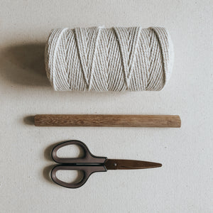 Materials needed for the macrame pattern include 3mm cotton rope, a dowel rod and sharp scissors.