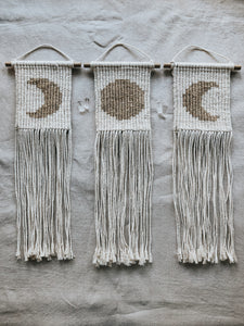 If you're a Moon lover then these trio of wall hangings is the sweetest addition to your space. They are made using vertical double half hitch knots which allow me to play with pixel art in fibre form.   These three moons together also form the Triple Moon Goddess symbol which is revered for its associations with the divine feminine and the stages of life.