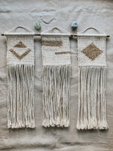 These simple geometric shapes (triangle, stripes and diamond) add a modern touch to your space. They are made using vertical double half hitch knots which allow me to play with pixel art in fibre form. Made with natural 3mm cotton rope and jute twine on a wooden dowel rod.