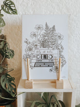 Black and white illustration of a cassette tape surrounded with botanicals. This tape is labelled "Dirty Old Beats". Pair your prints with other illustrations to create a whimsical story of your own.